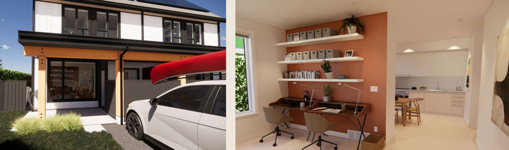 Unit A exterior and living space render